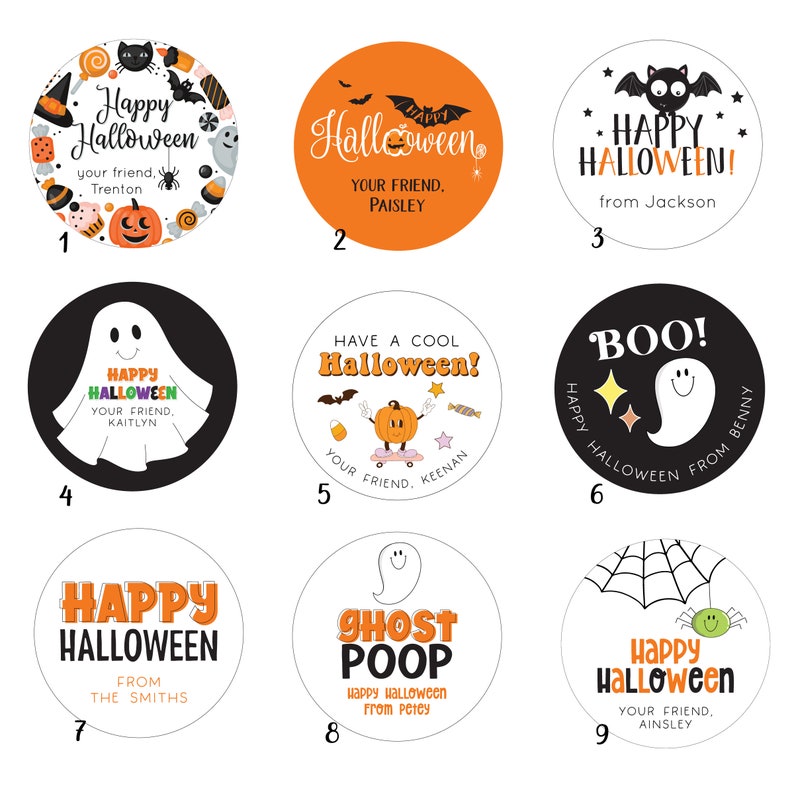 May include: Nine different Halloween themed stickers with various designs and text. The stickers feature ghosts, pumpkins, bats, spiders, and candy. The text on the stickers includes "Happy Halloween", "Boo!", "Ghost Poop", and "Have a Cool Halloween!"
