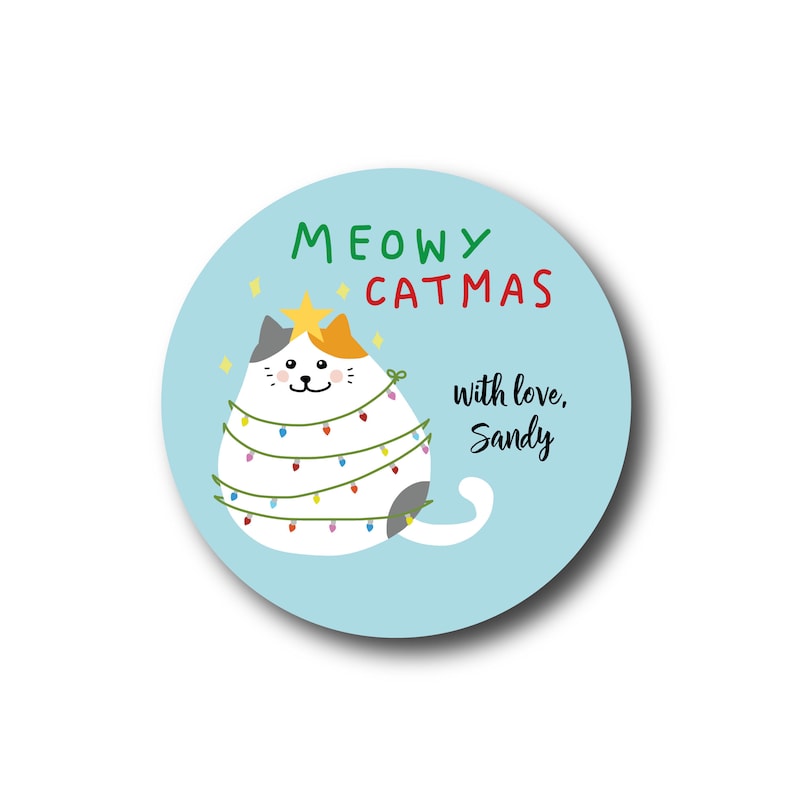 Christmas Stickers - Meowy Catmas Cat Christmas Gift Labels Whimsical Kitty Christmas Stickers Cat Lovers Gift Packaging Cute Kitty image 2