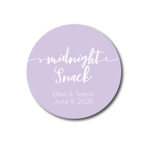 May include: A lavender circle sticker with the text "midnight snack" in white cursive font. Below the text is "Ellen & Trevor" and "June 9, 2020" in white sans-serif font.