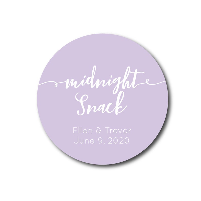 May include: A lavender circle sticker with the text "midnight snack" in white cursive font. Below the text is "Ellen & Trevor" and "June 9, 2020" in white sans-serif font.