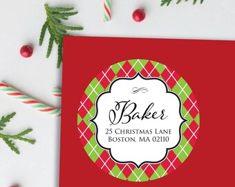 Christmas Address Labels - Argyle Christmas Return Address Labels, Red and Green Argyle Stickers, Holiday Address Labels, Christmas Card