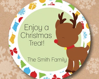 Personalized Christmas Stickers Reindeer Design Gift Tag Labels Custom Round Holiday Sticker