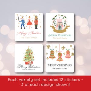 May include: Four square Christmas gift tags with different designs. The designs include a Nutcracker, a Christmas tree, a wreath with a Nutcracker, and three bells. Each tag has the text "Merry Christmas" and "The Smith Family".