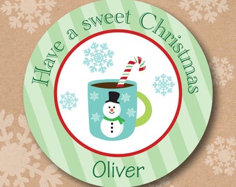 Personalized Christmas Sticker Hot Chocolate Snowman Sticker Christmas Party Favor Label Boys Blue and Green Striped Sticker Christmas Gift