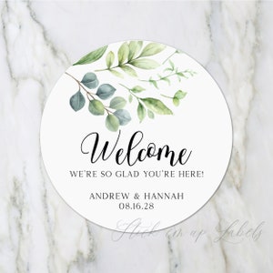 Naklejki powitalne na wesele - Etykieta na torbę powitalną Greenery, Etykieta na pudełko powitalne, Botaniczna naklejka na wesele, Naklejka na wesele Eucalyptus, Torba hotelowa