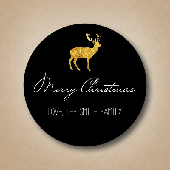 Modern Christmas Gift Tag Black White Gold Foil Deer Personalized Holiday Sticker Reindeer Gift Label Merry Christmas Tags Custom Stickers Il_570xn