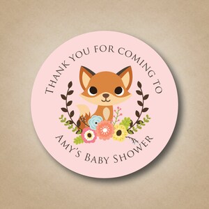 Fox bebé ducha favor pegatinas bosque animales del bosque bebé ducha niña bebé ducha ideas personalizadas Fox pegatinas rústicas flor laurel etiquetas imagen 2