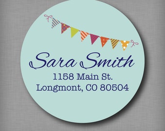 Return Address Labels, Personalized Round Address Stickers, Bunting Banner Design