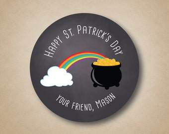 Chalkboard St Paddys Day Sticker Personalized St Patty's Day Favor Labels Rainbow Pot of Gold Personalized St Patricks Day Sticker Labels