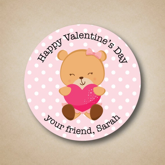 Valentines Day Stickers Valentines Favor Labels Pink Teddy Bear Heart Custom Valentines Stickers Pink Polka Dots Design Treat Bag Labels Il_570xn