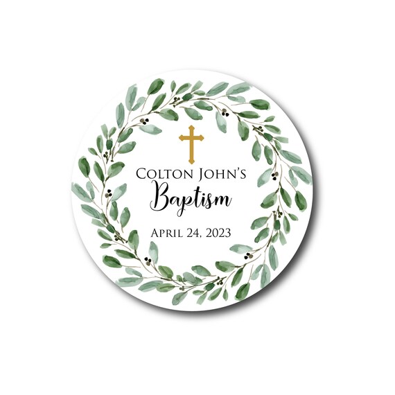 Baptism Stickers Greenery Baptism Favors Botanical Baptism Favor Labels Botanical Baptism Favor Stickers Olive Branch Eucalyptus Gold Cross Il_570xn