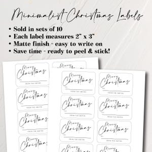 May include: Sheets of white minimalist Christmas labels. Each label measures 2 x 3 inches and features the words "Merry Christmas" with space to write "To" and "From". The labels are ready to peel and stick.