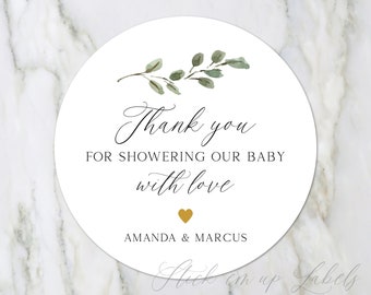 Baby Shower Thank You Stickers -  Baby Shower Favor Label, Botanical Baby Shower, Thank You For Showering our Baby with love, Greenery Label