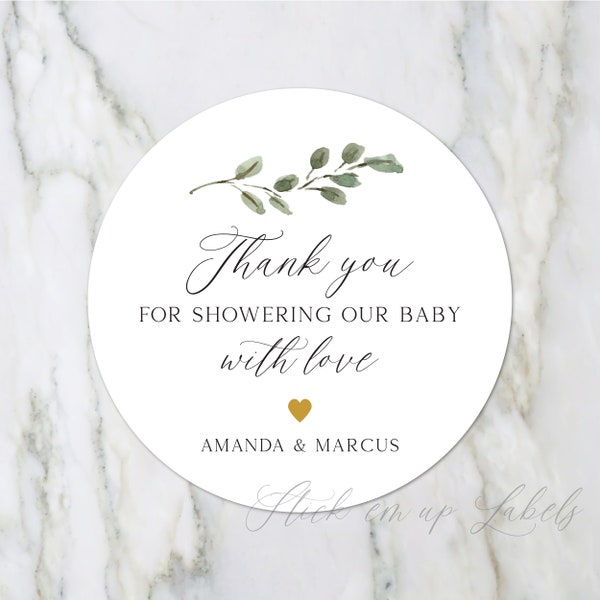 Baby Shower Thank You Stickers -  Baby Shower Favor Label, Botanical Baby Shower, Thank You For Showering our Baby with love, Greenery Label