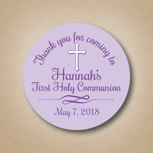 First Holy Communion Favor Stickers Girls Communion Labels Purple First Communion Favor Tags Personalized First Communion Sticker Favor idea