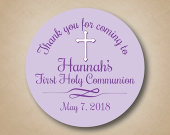 First Holy Communion Favor Stickers Girls Communion Labels Purple First Communion Favor Tags Personalized First Communion Sticker Favor idea