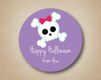 Halloween Stickers - Purple Girly Skull Halloween Sticker, Skull and Crossbones, Girls Punk Rock Halloween Favor Labels, Pink Bow Skull