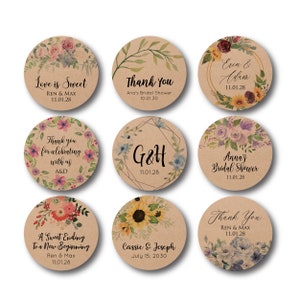 Adesivi Kraft per matrimoni e feste - Etichette per bomboniere personalizzate, adesivi di ringraziamento, adesivi floreali personalizzati, adesivi per matrimoni rotondi personalizzati
