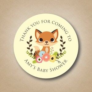 Fox bebé ducha favor pegatinas bosque animales del bosque bebé ducha niña bebé ducha ideas personalizadas Fox pegatinas rústicas flor laurel etiquetas imagen 3