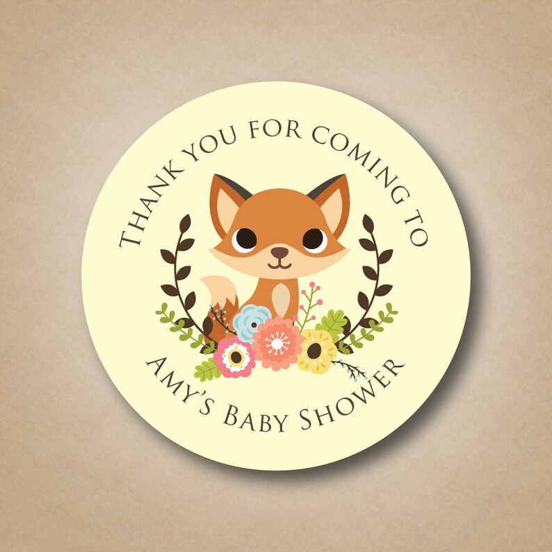 Fox bebé ducha favor pegatinas bosque animales del bosque bebé ducha niña bebé ducha ideas personalizadas Fox pegatinas rústicas flor laurel etiquetas imagen 3