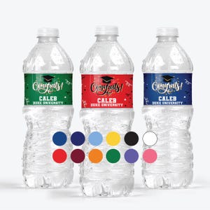 May include: Three clear plastic water bottles with personalized labels. Each label has a graduation cap, confetti, and the text "Congrats!"  The name "Caleb" and "Duke University" are printed on each label. The labels are in green, red, and blue.