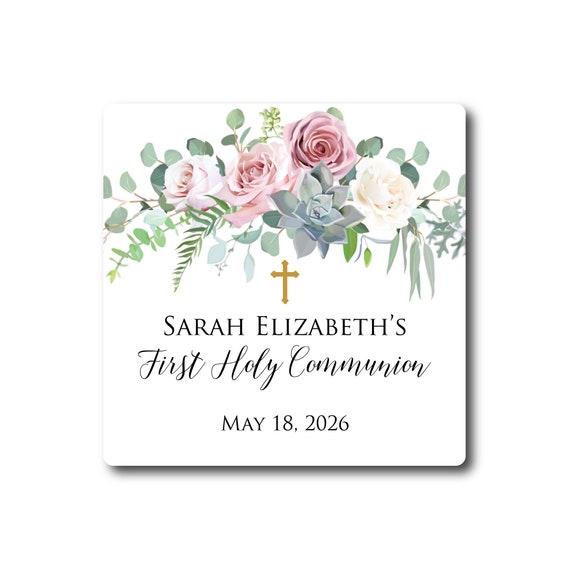 First Communion Labels Blush Rose Floral Stickers First Holy - Etsy