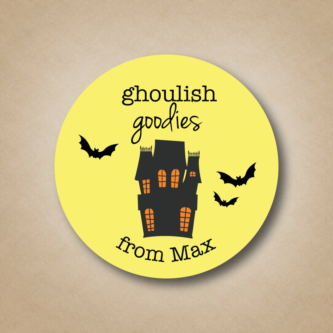 Ghoulish Goodies Halloween Candy Sticker Custom Halloween Party Favors Haunted House Bats