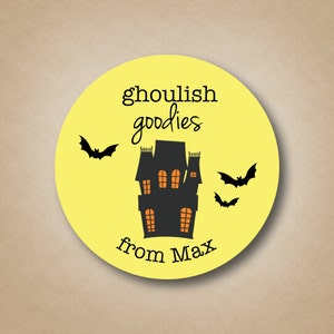 Ghoulish Goodies Halloween Candy Sticker Custom Halloween Party Favors Haunted House Bats Sticker Classroom Party Favors Kids Halloween