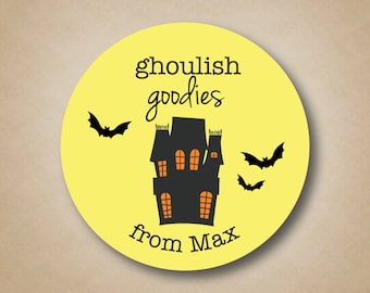Ghoulish Goodies Halloween Candy Sticker Custom Halloween Party Favors Haunted House Bats Sticker Classroom Party Favors Kids Halloween