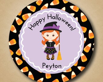 Halloween Stickers - Cute Witch Stickers Customized Treat Bag Labels for Halloween Party Witch Candy Corn Design Purple Witch Labels