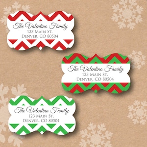 Etichette per indirizzi di ritorno di Natale Chevron Etichetta per indirizzi personalizzata Rosso e verde Sigilla busta personalizzata Forma decorativa decorata