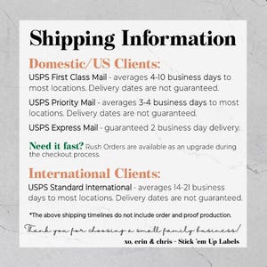 Może przedstawiać: Biało-szara grafika z czarnym tekstem opisującym informacje o wysyłce dla klient&oacute;w krajowych i zagranicznych. Tekst zawiera informacje o USPS First Class Mail, USPS Priority Mail, USPS Express Mail i USPS Standard International. Tekst zawiera r&oacute;wnież informację o zam&oacute;wieniach ekspresowych i podziękowanie.
