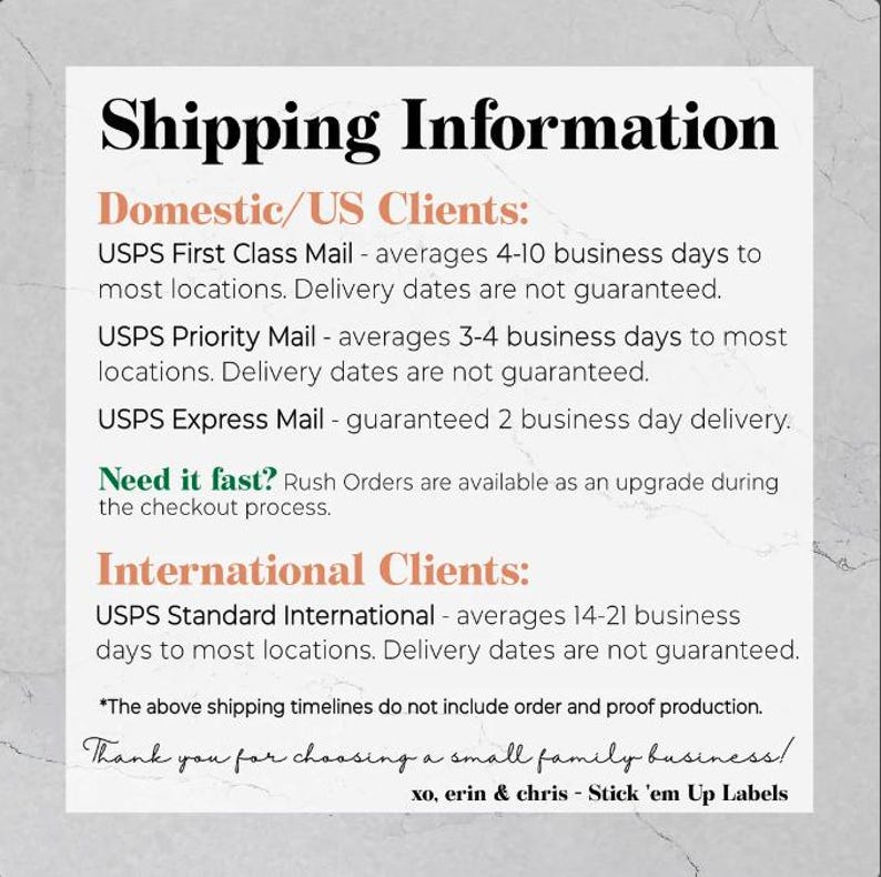 Może przedstawiać: Biało-szara grafika z czarnym tekstem opisującym informacje o wysyłce dla klient&oacute;w krajowych i zagranicznych. Tekst zawiera informacje o USPS First Class Mail, USPS Priority Mail, USPS Express Mail i USPS Standard International. Tekst zawiera r&oacute;wnież informację o zam&oacute;wieniach ekspresowych i podziękowanie.