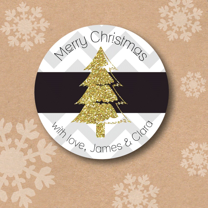 Holiday Labels Glitter Christmas Sticker Personalized Sticker Tags Christmas Sticker Label Deer of Tree Modern Grey Chevron Design