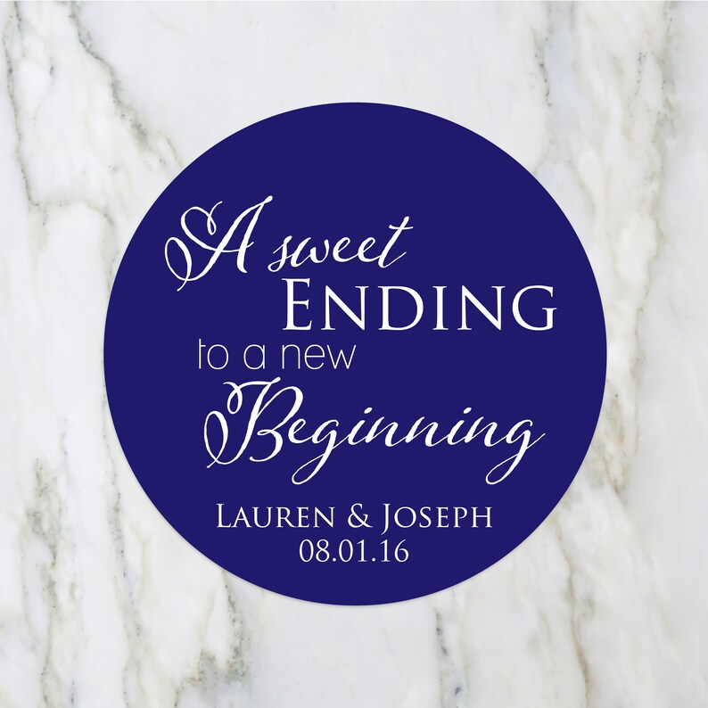 A Sweet Ending to a New Beginning Personalized Wedding Favor Stickers Labels Candy Buffet Label Cake Box Labels Cupcake To go Favor Tags image 5