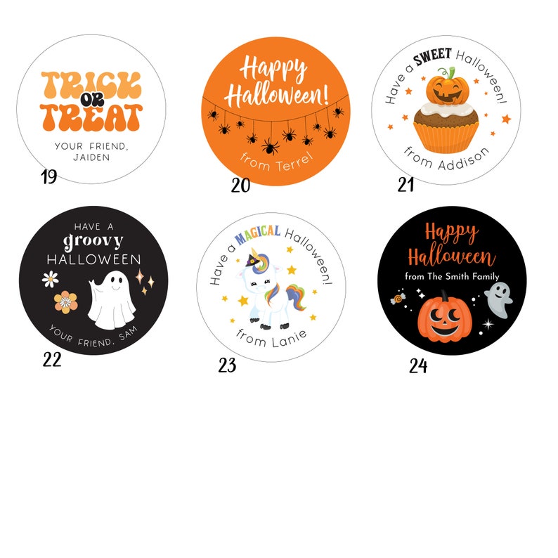May include: Ten round Halloween stickers with different designs and text. The stickers feature a variety of Halloween themes, including trick or treat, happy Halloween, a magical Halloween, a groovy Halloween, and a sweet Halloween. The stickers are perfect for adding a festive touch to your Halloween decorations.