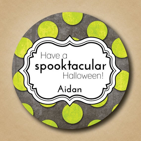 Custom Halloween Treat Stickers Favor Labels for Halloween Parties Green and Black Dot Design Personalized Labels Il_570xn