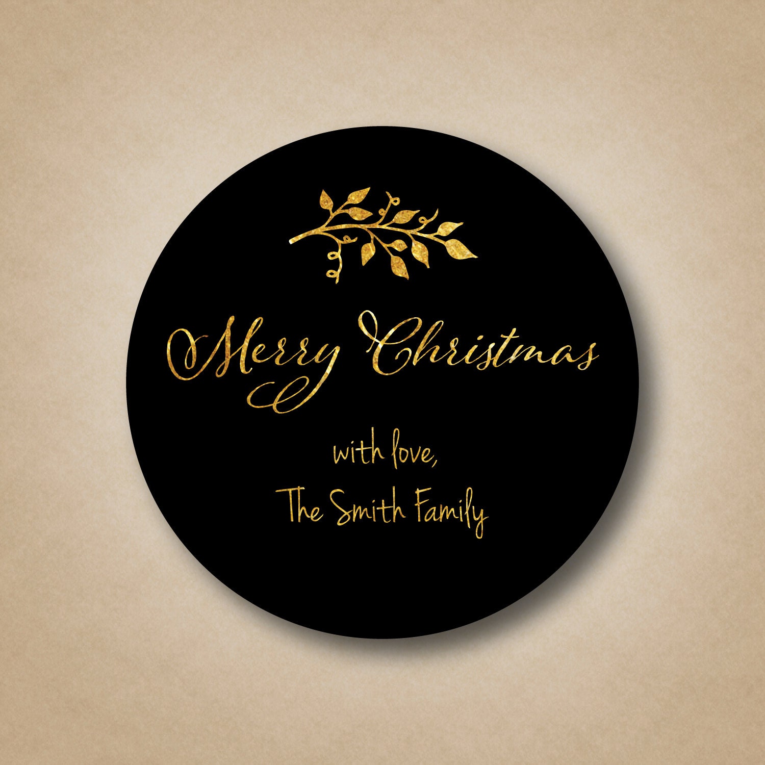 Gold Christmas Gift Labels Script Merry Christmas Custom Tags Holiday Stickers Custom Christmas Stickers Black Round Labels Branch Sticker