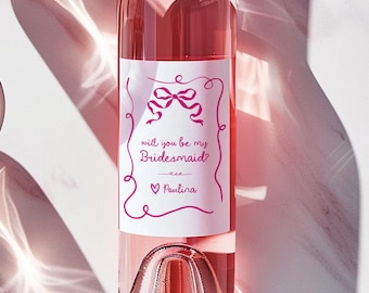Bridesmaid Proposal Wine Labels -  Will You Be My Bridesmaid Wine Label, Printed Champagne, Pink Coquette Ribbon Bow, Maid of Honor WP103