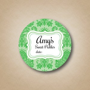 Green Canning Labels Sweet Pickles Relish Canning Labels Green Damask Mason Jar Label Stickers Custom Canning Stickers Personalized Canning