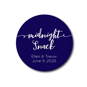 May include: A navy blue round sticker with white text that reads "midnight snack" and "Ellen & Trevor June 9, 2020".