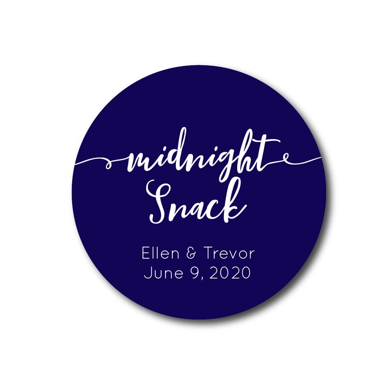 May include: A navy blue round sticker with white text that reads "midnight snack" and "Ellen & Trevor June 9, 2020".