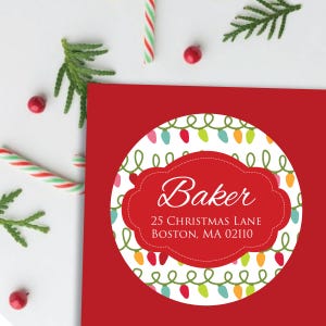 Etiquetas de dirección navideñas: etiquetas de dirección de remitente con luces brillantes, calcomanías de luces navideñas extravagantes, sellos redondos para sobres de tarjetas navideñas