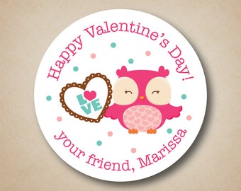 Pink Owl Valentines Day Stickers Girls Valentine Label Personalized Kids Valentines Day Favor Stickers Custom Valentine Party Favor