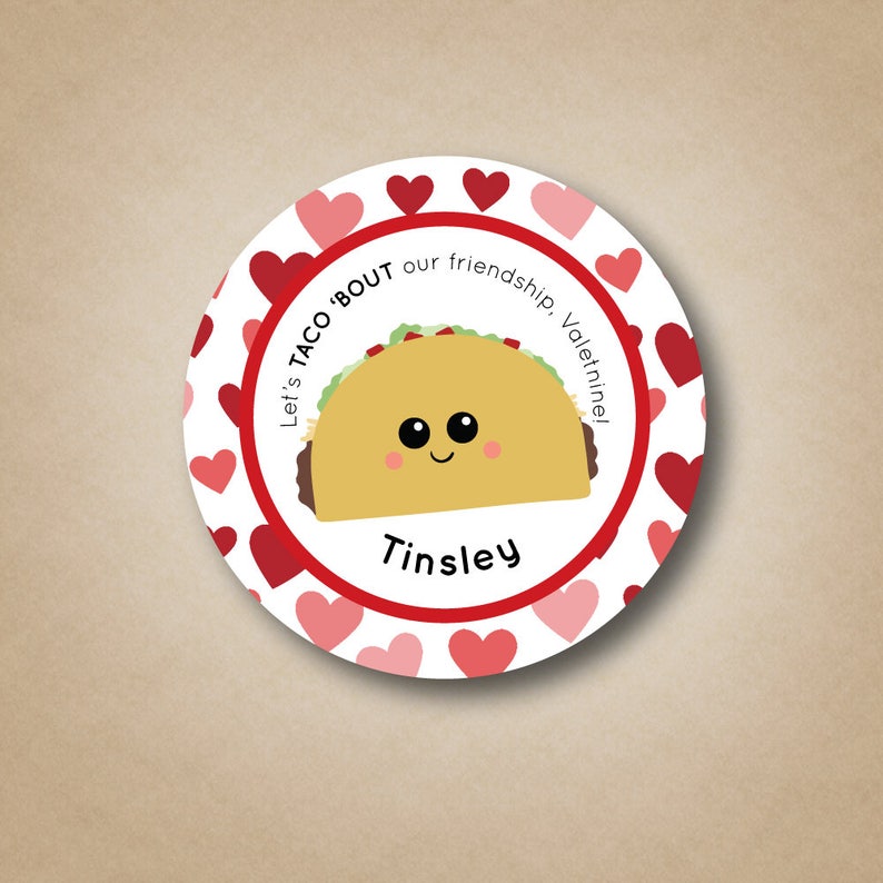 Funny Valentine Stickers Personalized Valentine Labels Taco Stickers Cute Valentine Stickers Valentine Ideas for Class Party Heart Stickers image 1