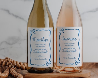 Bridesmaid Proposal Wine Labels -  Can't Say I Do Without You Maid of Honor Proposal, Printed Champagne Label, Blue Coquette Bow WP101