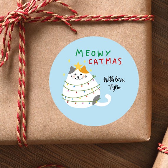 Christmas Stickers - Meowy Catmas Cat Christmas Gift Labels Whimsical Kitty Christmas Stickers Cat Lovers Gift Packaging Cute Kitty