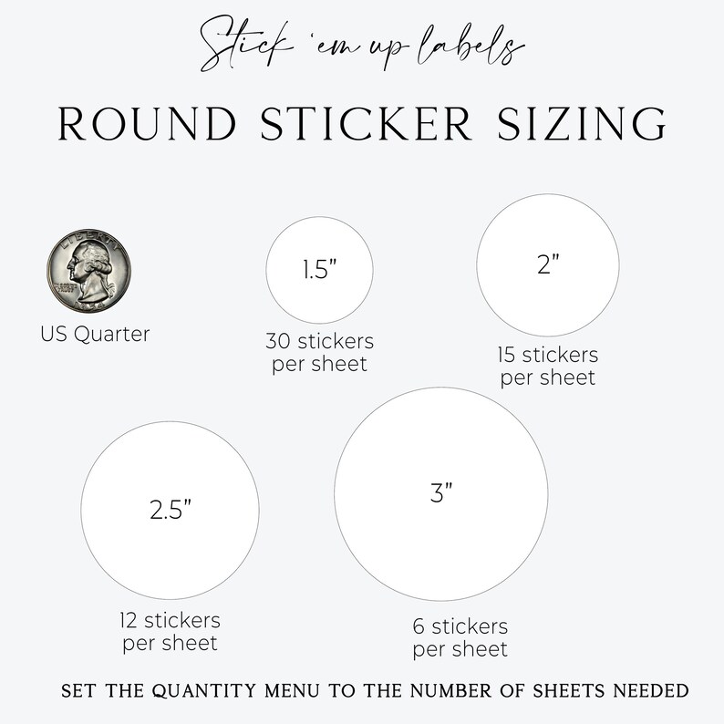 May include: A guide to round sticker sizing, showing the size of each sticker in inches and the number of stickers per sheet. The sizes are 1.5 inches, 2 inches, 2.5 inches, and 3 inches. The guide also includes a US quarter for size reference.
