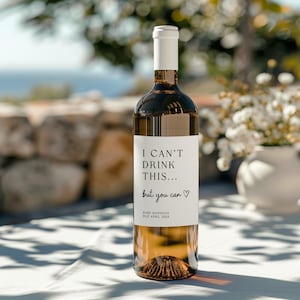 K&ouml;nnte beinhalten: Eine Weinflasche aus Klarglas mit einem wei&szlig;en Etikett, das den schwarzen Text I CAN'T DRINK THIS... but you can mit einem Herzsymbol und dem Text BABY HANNIGAN DUE APRIL 2026 tr&auml;gt. Die Flasche hat einen wei&szlig;en Verschluss und hellen Bernsteinfarbenen Inhalt.