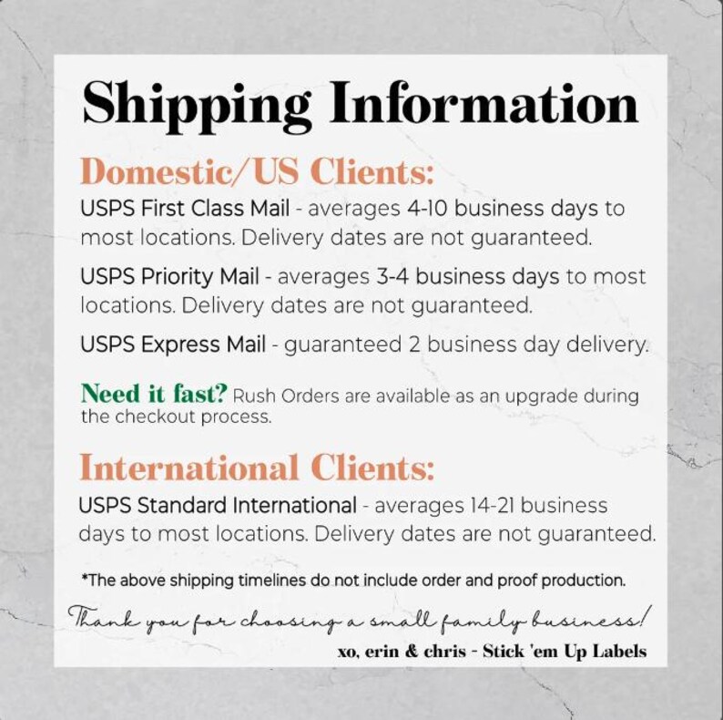 May include: A white and gray text graphic with the heading "Shipping Information" and details about domestic and international shipping options for USPS First Class Mail, USPS Priority Mail, USPS Express Mail, and USPS Standard International. The text also includes a note about rush orders and a thank you message from the business.
